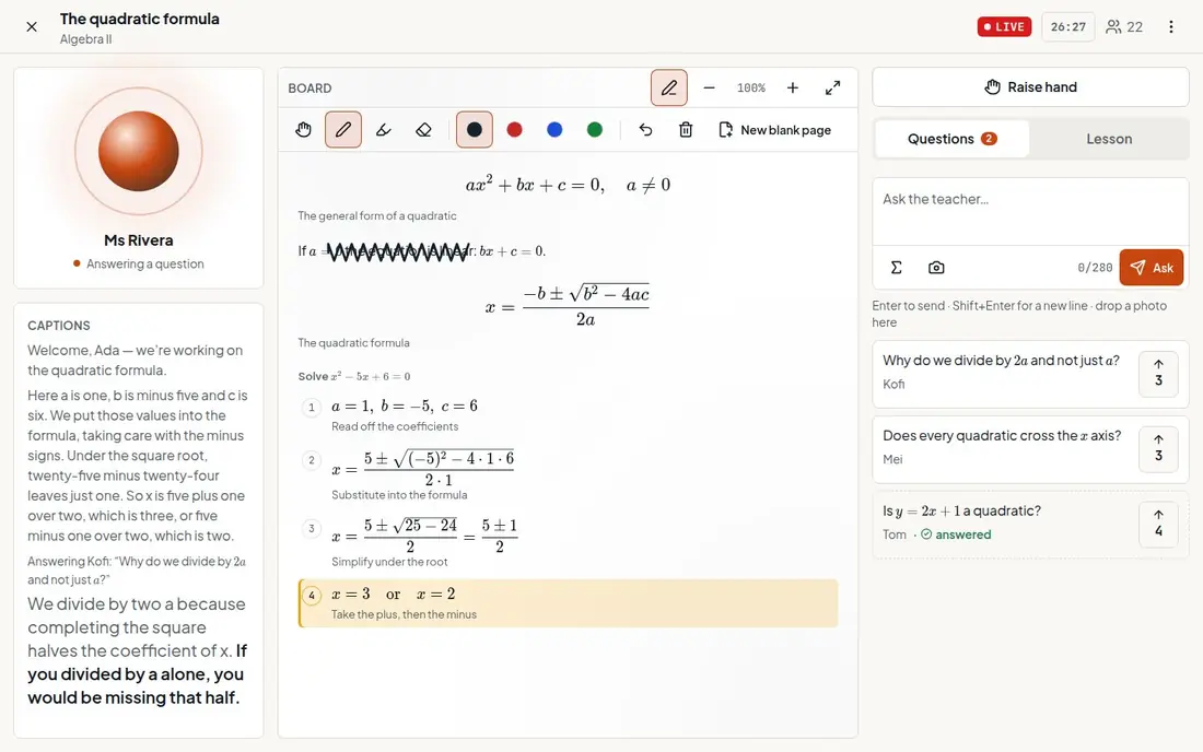 An AI-taught class in AI Learning: the teacher explains the quadratic formula on a whiteboard