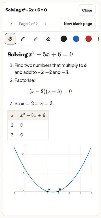 The AI Tutor on a phone, working through a quadratic equation step by step